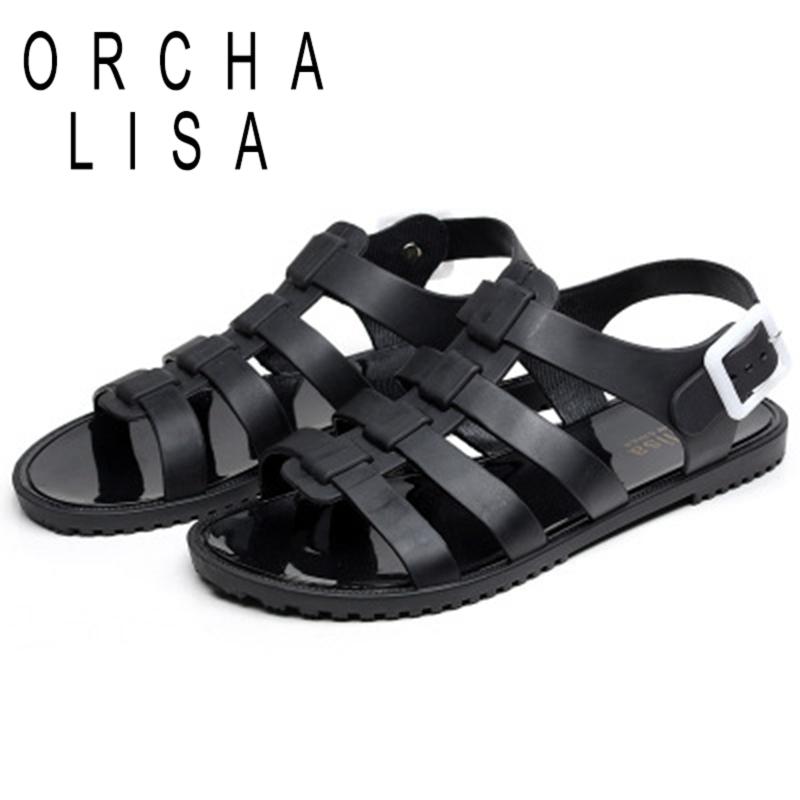 

ORCHALISA New 2021 Women Sandals Open Toe Flat Buckle Jelly Bling Rome Non-Slip Soft Size 40 Beach Casual Summer Black C2274, Jelly black