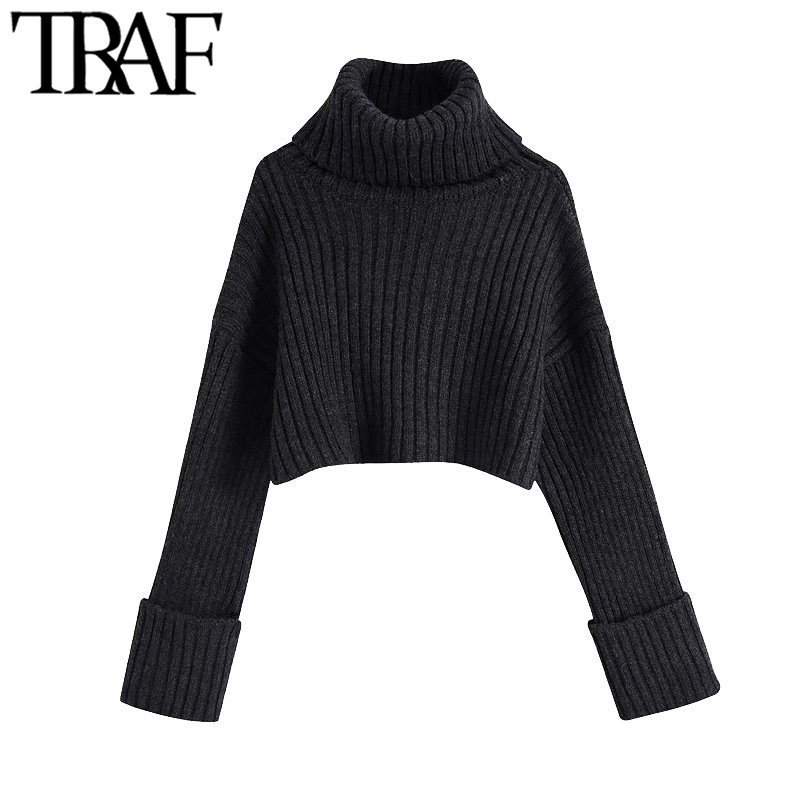 

TRAF Women Fashion Thick Warm Cropped Knitted Sweater Vintage High Neck Long Turn-up Sleeves Female Pullovers Chic Tops 210203, As picture