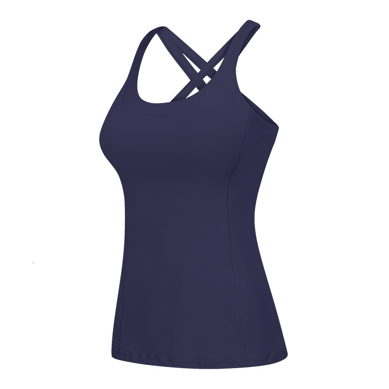 

2021 New Season Yoga Top Sports Cross Back Women Workout Shirts Soft Sleeveless Gym Shirt with Padded Bra San2, Midnight blue