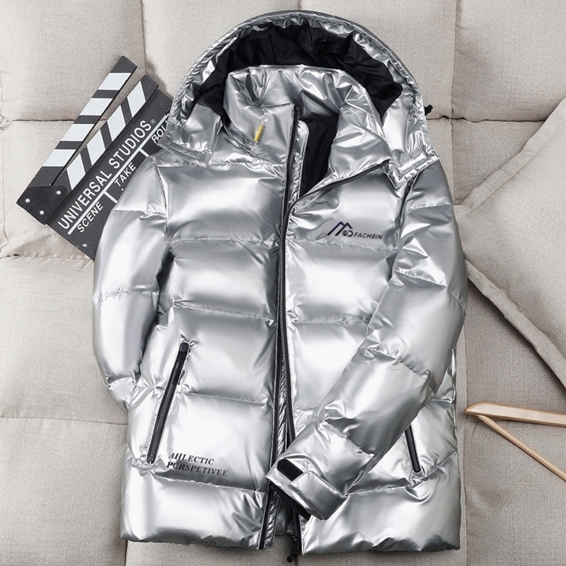 

Men Down Jacket New Shiny Fabric Hooded Top Quality White Duck Thick Winter Warm Parka Waterproof Plus size 4XL 201111, Silver