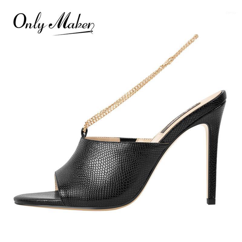 

Onlymaker Women's Black Peep Toe Snake Golden Chain Print Open Toe Thin High Heels Slip On Summer Sandals Mules1, Pz20110a