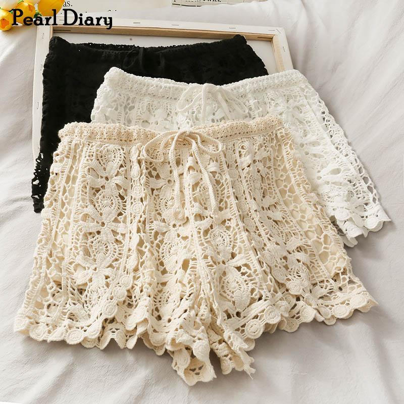 

Pearl Diary Women Knitted Crochet Lace Short High Rise Drawstring Waistband Hot Short Korean Style Floral Lace Sweet Shorts, Black