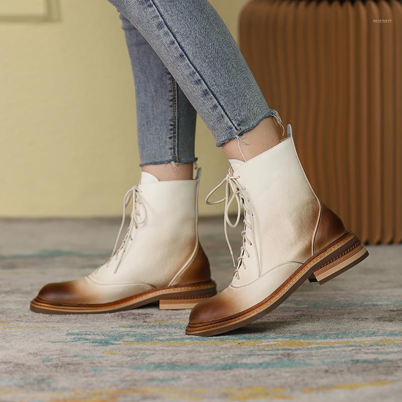 

EshtonShero Boots Female 2020 New Low Heel Genuine Leather Women Boots Lace Up Round Toe Black winter women shoes Size 3-111, Beige
