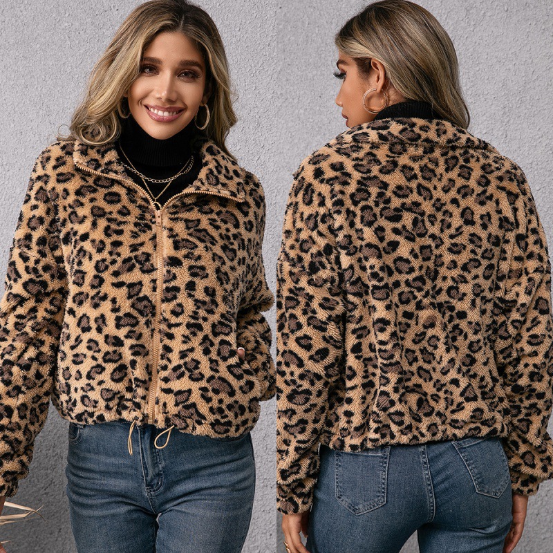 

Women's Coat Fashion Leopard Print Lapel Zipper Western Style Long-sleeve Plush Sweater Jacket Winter 2021 Outerwear Tops TRA, Black;brown