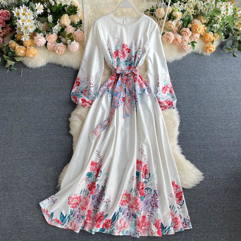 

2021 New Women's Palace Dressed in Arab Style Retro Printing Long Sleeves Up Celebrity Band Silk As Around Elegant Neck Dress Z8LT, White rose.