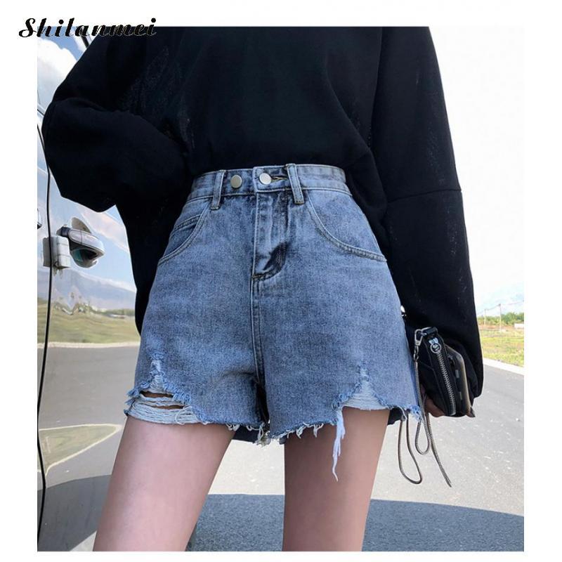 

Women A-Line Denim Shorts Women Short Jeans Khaki Wide Leg Elastic Waist High Waist Shortpants Summer Shredded Shorts 2020, As pic