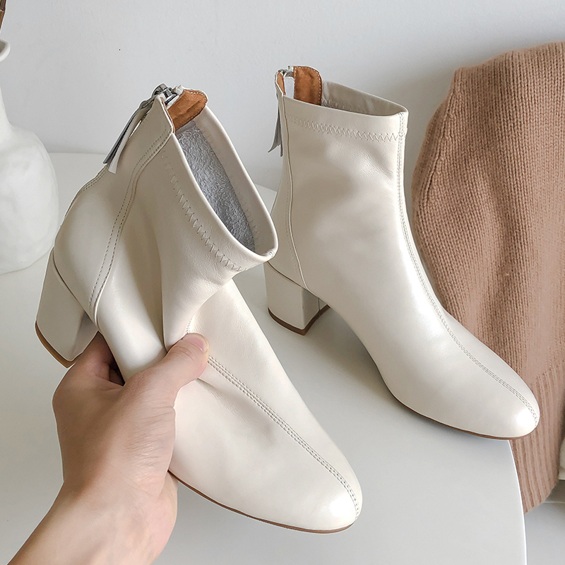 

2021 Hot Woman Solid Return Zip Mid Heel + Pig Skin Lining Female Boots 27ST, Black