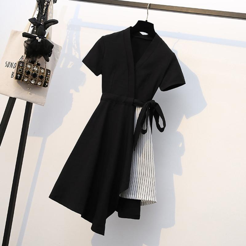 

Spring Summer 2020 Fashion Women Fake Two-piece V-neck Lace-up Plaid Stitching Striped Casual Tunic Mid-length Dress, Black