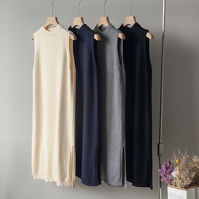 

Bornladies New 2020 All-match New Fashion Round Neck Sleeveless Plain Midi Loose Korean Jersey Dress, Black