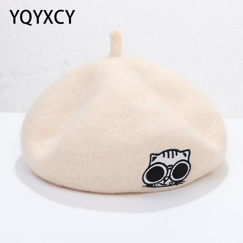 

YQYXCY Hats Women Winter Autumn Woolen Beret Cartoon Cat Embroidery Painter Cap Pumpkin Hat Female Chapeau Femme Gorro 2020 New1, Black
