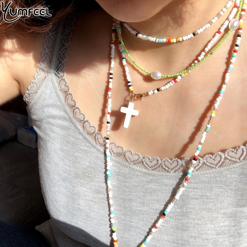 

Yumfeel Handmade New Trendy Boho Jewelry Seed Beads Cross Necklace Women