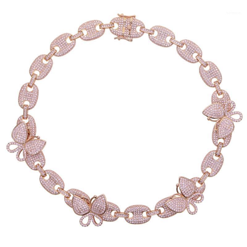 

iced out Pink butterfly charm choker necklace micro pave 5A cz coffee beaded chain 15" 16" hip hop necklace for women lady1