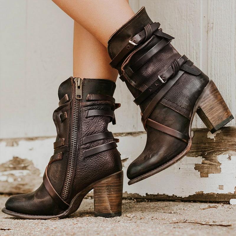 

Women Ankle Boots Leather Fashion Cross Tied Buckle Strap Female High Heels Shoes Plus Size Square Heel Punk Party Boots Autumn, Khaki
