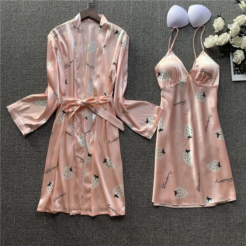 

Fruit Print Women Kimono Bathrobe Gown Set Sexy V-Neck Mini Nightdress Casual Home Dress Sweet Pink Sleepwear With Belt, Black