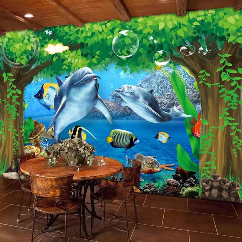 

Custom Photo Wall Painting 3D Big Tree Ocean Scenery Underwater World Dolphins Living Room Bedroom Decoration Mural De Parede 3D, As pic