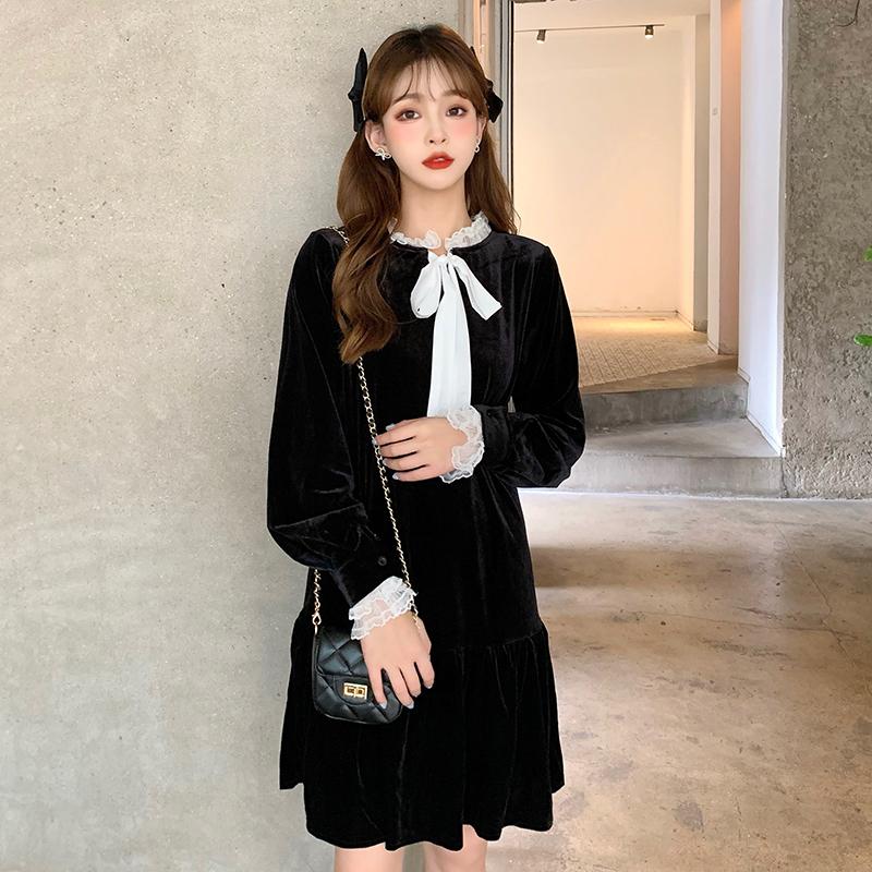 

Autumn And Winter Women College Style Long Sleeve Dress Patchwork Bow All-Match Casual Wear On Both Sides Womens Middle Length, Black