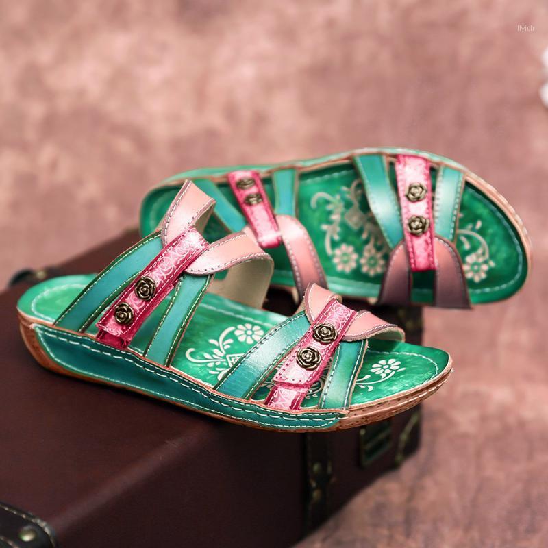 

Dimensional Flower Material Stitching Slippers Women Retro Vintage Wedge Shoes Summer Flip Flops Chaussure Femme Women Slippers1, Green