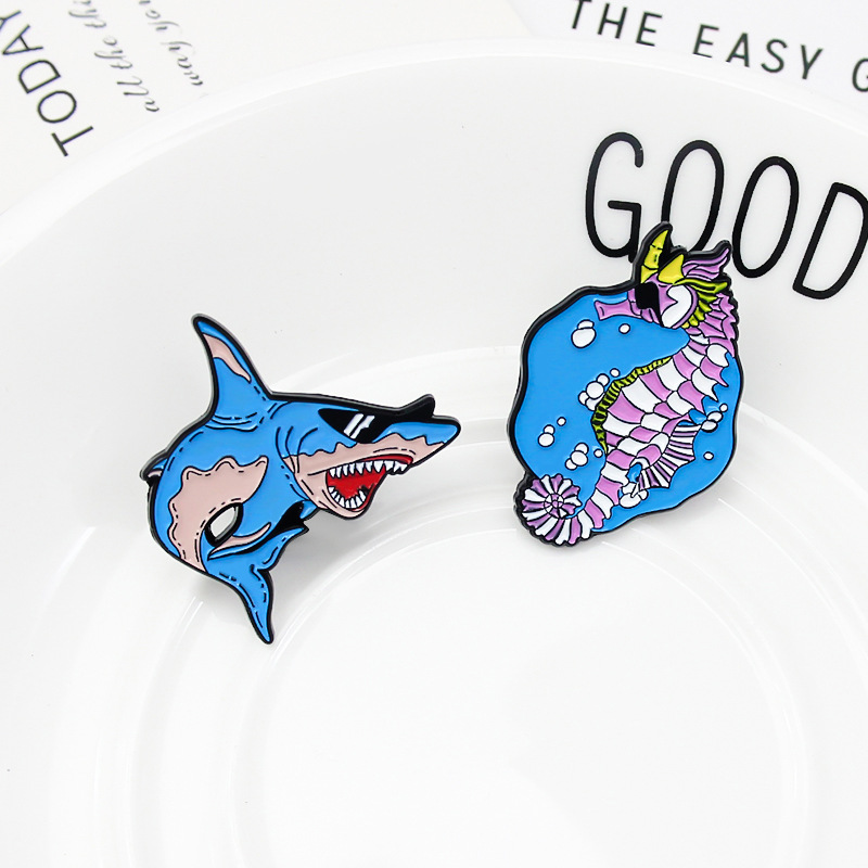 

Cartoon Blue Sea Animal Seahorse Shark Enamel Pin Mr shark/Mr Seahorse Vacation Brooches Lapel Badges for Kids Jewelry Wholesale, Mixed colors