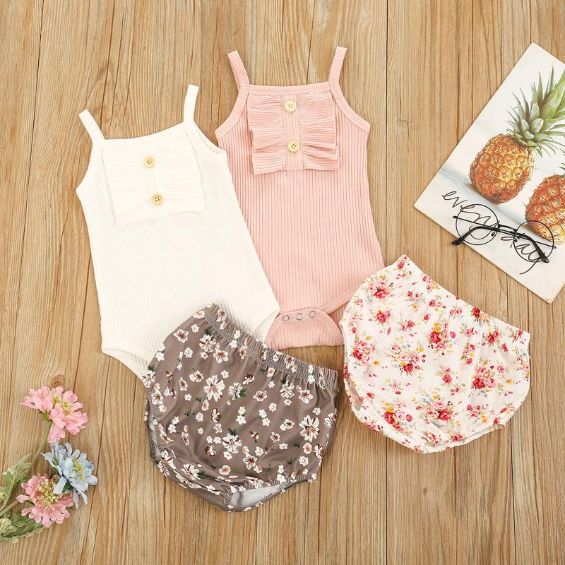 

Clothing Sets Lovely Summer Baby Girls Clothes Sleeveless Button Romper Tops Flowers Shorts 2pcs, White