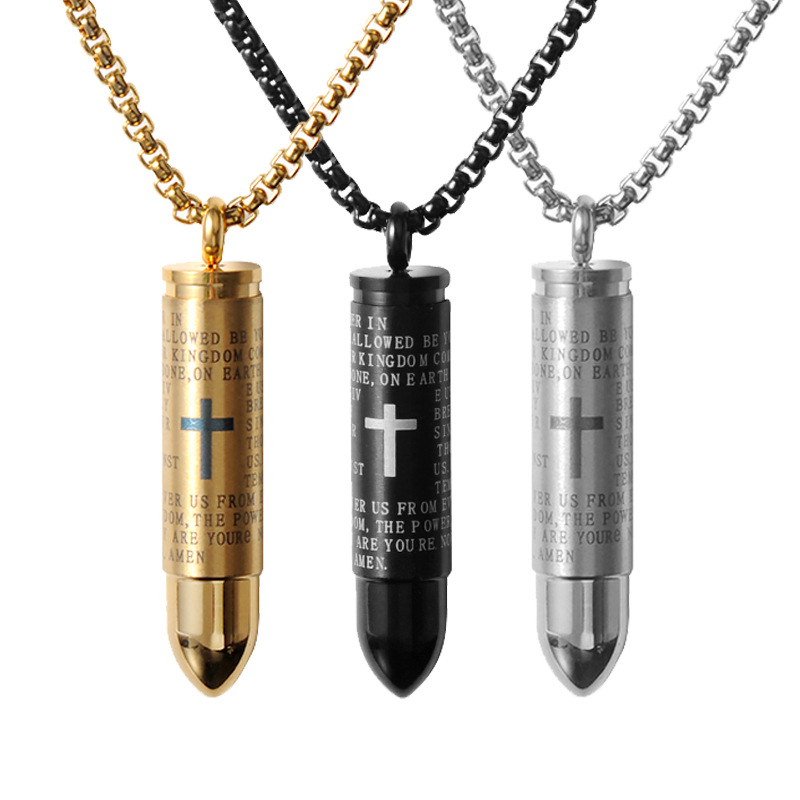 

Cool Cross Bible Engraved Titanium Steel Bullet Pendant Necklace for Man Gift