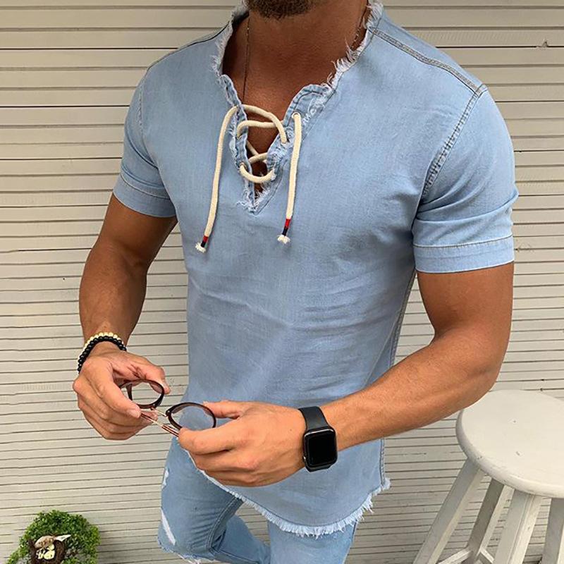 

Mens V Neck Lace Up T Shirt Slim Fit Solid Short Sleeve Tshirt Summer High Street Casual Cotton Tops, Blue