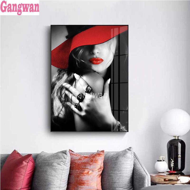 

diamond painting abstract red lip woman painting 5d diamond mazayka embroidery red hat gril 3d full square round drill decor art