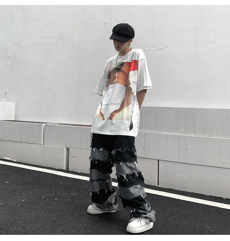 

UNCLEDONJM Tassel Pants Men's Fashion Brand Ins Pendant Wide Leg Hip Hop Lazy Wind Jeans Couple's Pants Loose jeans men N06, Black