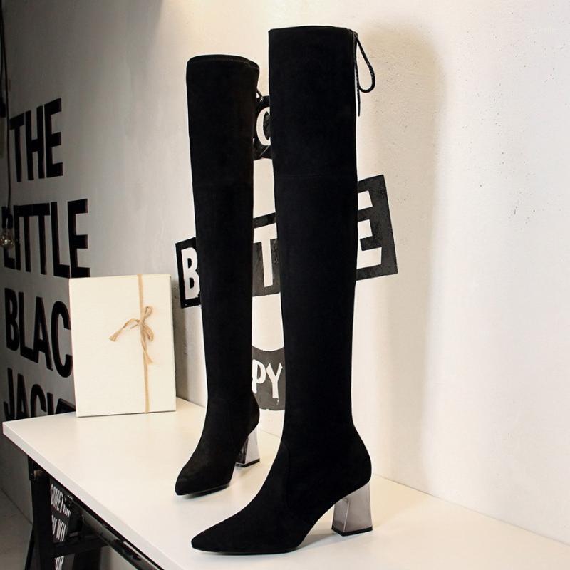 

European And American Style Thick-heeled High-heeled Boots Children's Pointed Sexy Slimming Nightclub Over-the-knee Boots1, Black