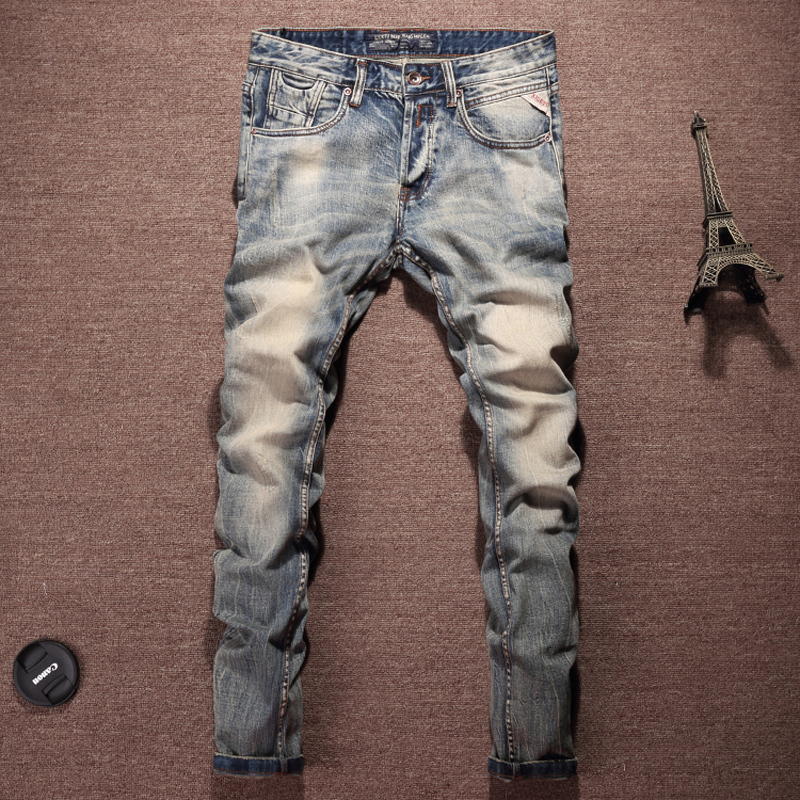 

2021 New Italian Style Fashion High Quality Retro Yellow Wash Vintage Designer Men Denim Pants Elastic Slim Homme Yjxu