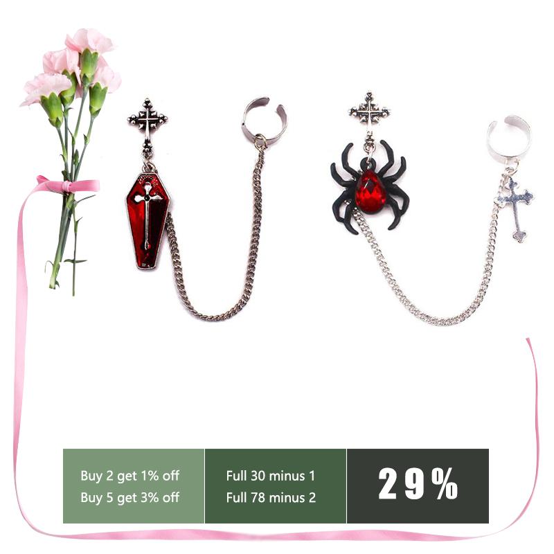 

1Pc Gothic Red Spider Cross Coffin Finish Long Chain Ear Cuff Dangle Earr