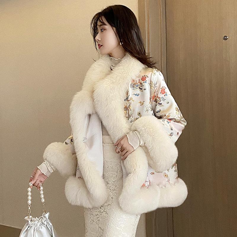 

JuneRain New Chinese Style Fur Coat Court Lady Satin Mid-length Beaded Faux Fur Shawl Jacket Women Winter Coat Print Outwear, Black