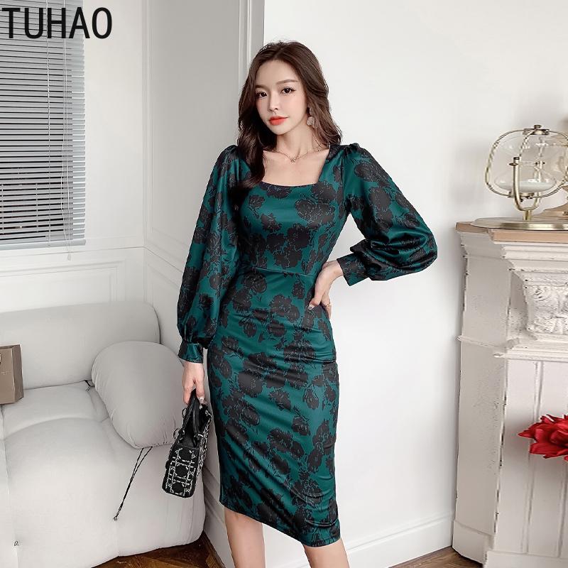 

TUHAO Women Vintage Dresses Elegant Pencil Dress Women' Autumn Winter Professional Dress Bodycon Party Vestidos female WM07, As picture