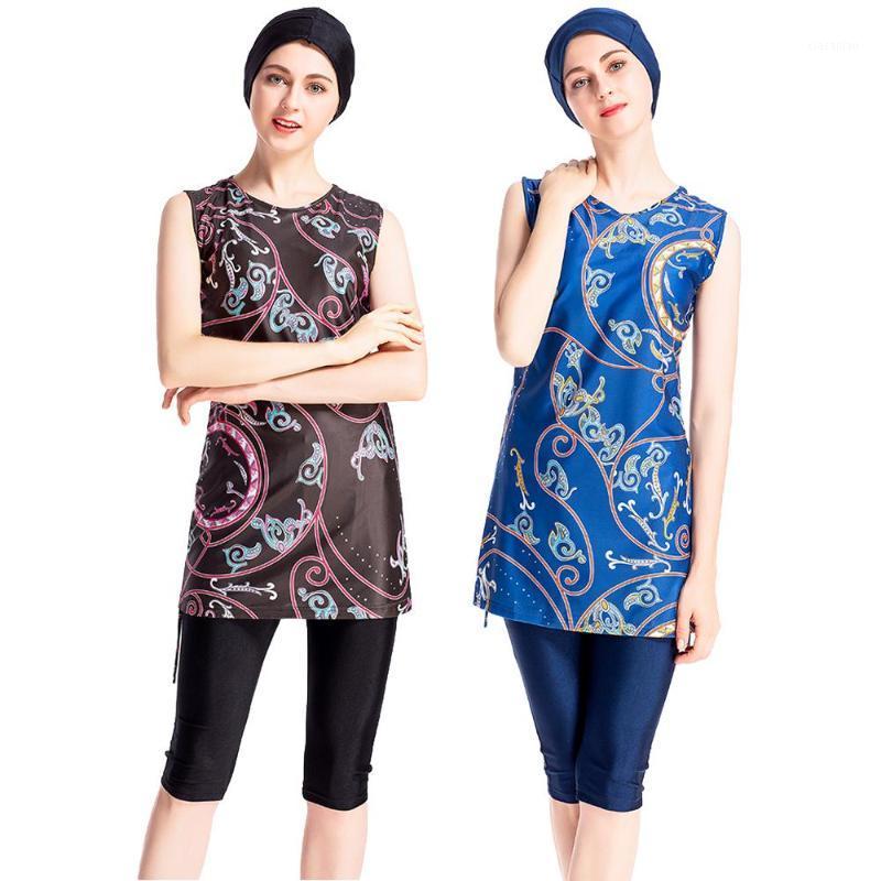 

Ethnic Clothing Muslim Swimwear Women Beachwear Burkini Sleeveless Printed Swimsuit Costume Arab Islamic Bathing Suit 3PCS Swimming 1