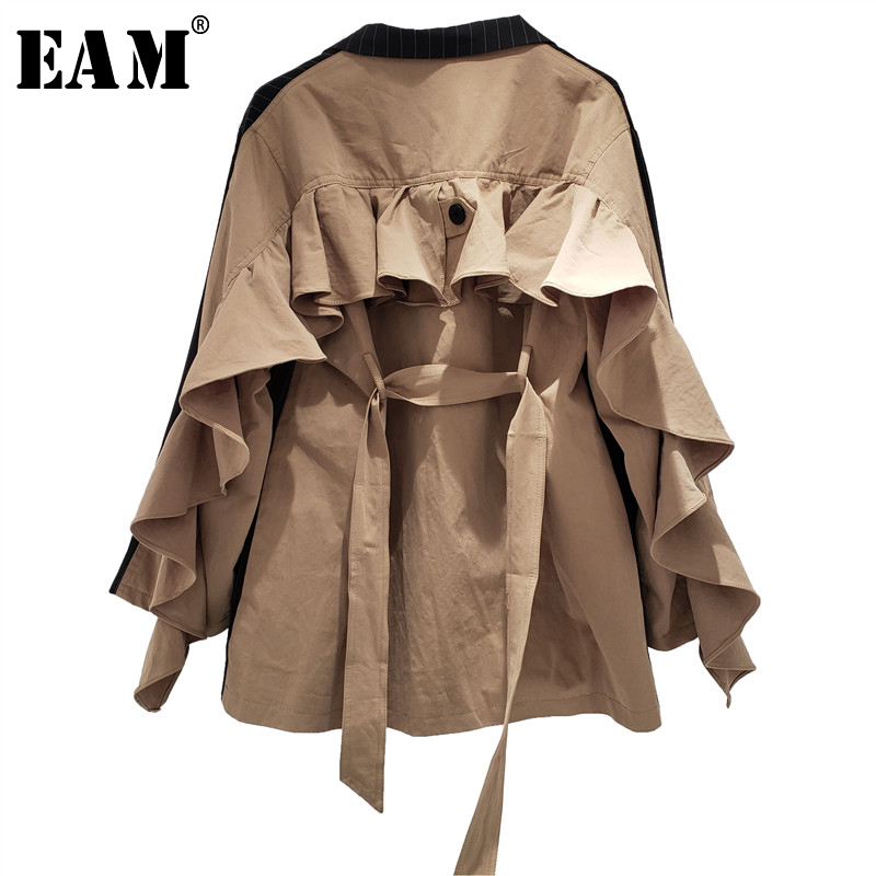 EAM Women Black Striped Ruffles Split Big Size Blazer Lapel Long Sleeve Loose Fit Jacket Fashion Spring Autumn 1Y225 201114Z