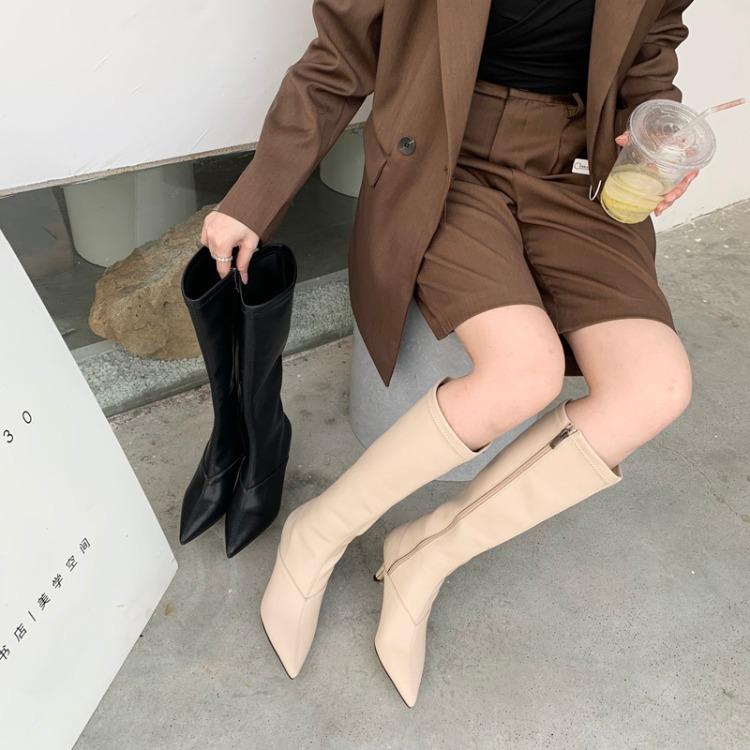 

Women's Mid Calf Boots Zipper White Shoes Winter Footwear Round Toe Sexy Thigh High Heels High Sexy Boots-Women Luxury