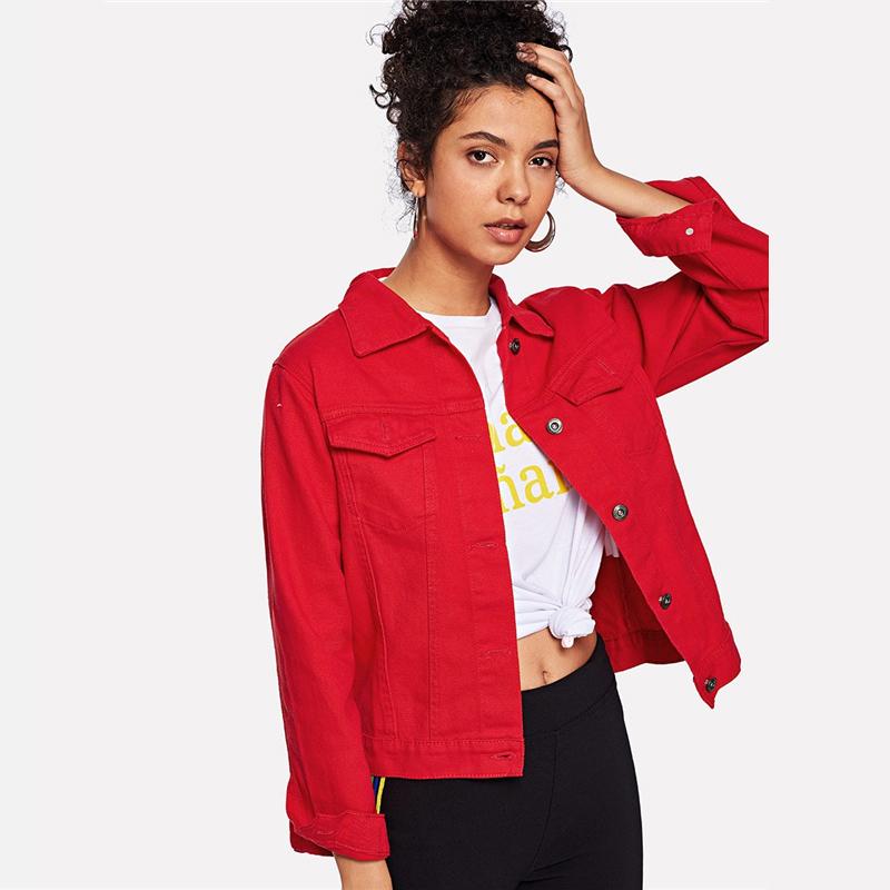 

Vogue Cool Red Pocket Solid Button Front Denim Jacket Women Casual Autumn New Style Turn-down Collar Clothing Spring Plain Coat
