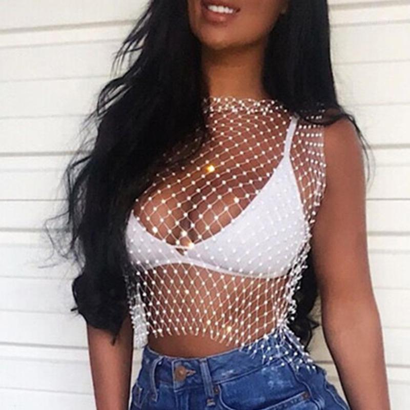 

Women's Tanks & Camis 2021 Sexy Tank Top Women Sleeveless Nylon Fishnet Rhinestone Shirt Club Party Cropped Tops Hollow Weaving Shirts For W