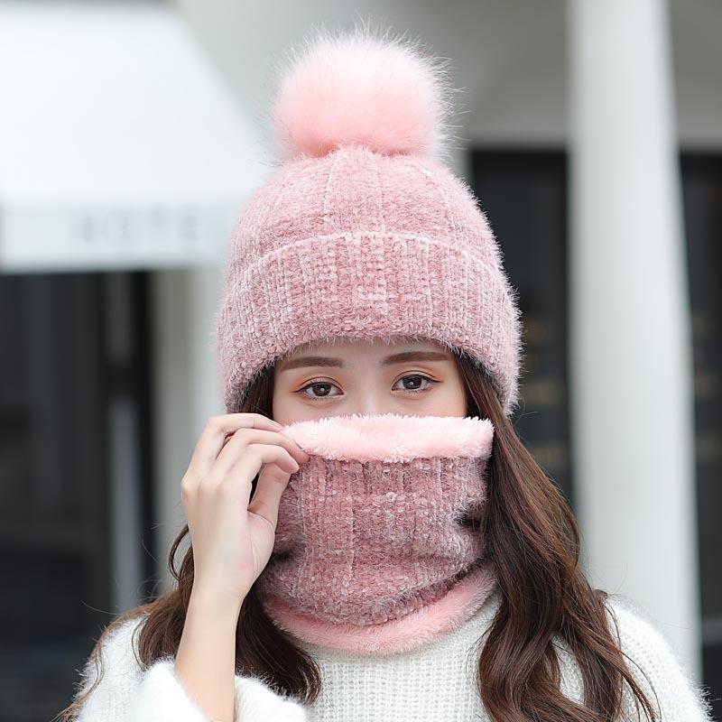 

2020 New Year Winter Hat For Women Velvet Thick Warm Skullies Beanie Hats Female Wool Caps Chenille Knit Hat Scarf Riding Sets, Style2