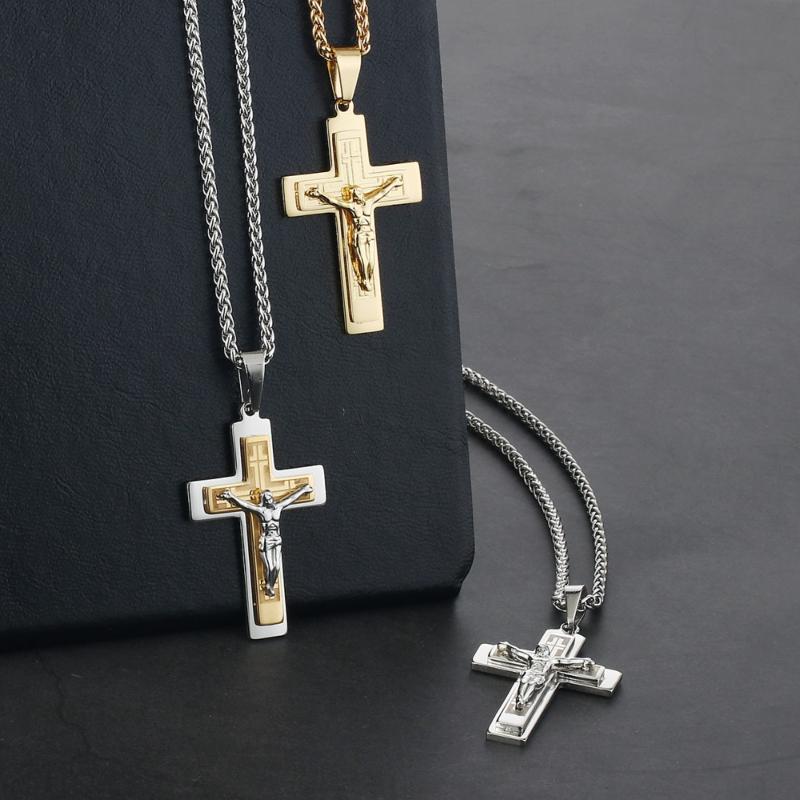 

Religious Crucifix Pendant Necklaces Men Gold Silver Color Stainless Steel Jesus Piece Cross Link Chain Jewelry Gift MN2047801226