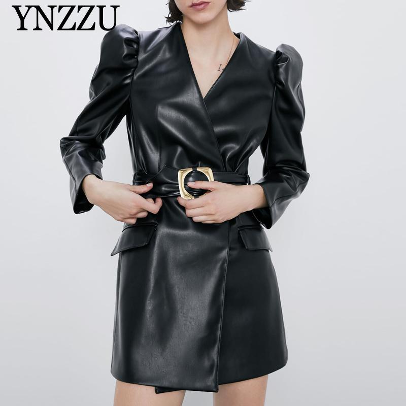 

Elegant Women Blazer dress With belt Spring 2020 V-neck Office lady Black Female Faux Leather jacket Coat Fashion YNZZU 9O151