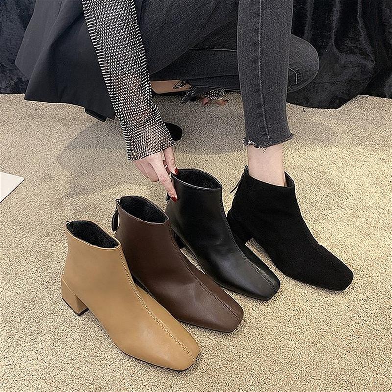 

Autumn-winter Simple Square Toe PU Upper Waterproof Women's Short Boots Popular Wild Solid Color Ankle Boots with Zipper Design, Black