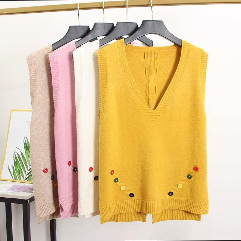 

Spring/Autumn New Korean Style Fashion Vest Coat For Women Full Color Sleeveless Pullovers Tops Female Knitted Vest Button Decor, Blue2