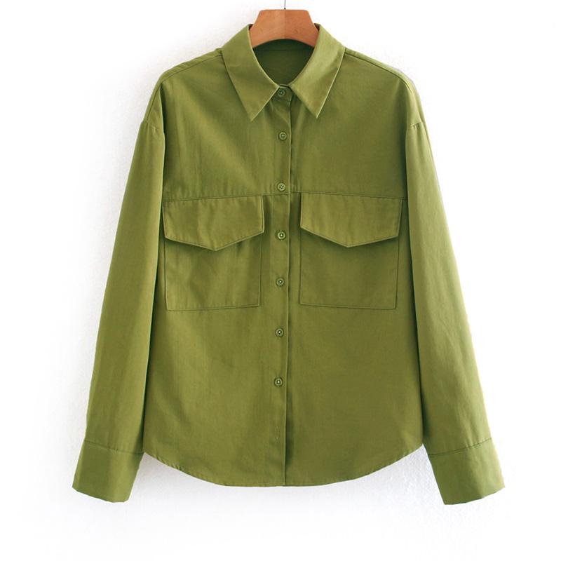 

Novalya Minimalist Turn Down Collar Blouses Women Fashion Pockets Slim Green Shirts Women Elegant Long Sleeve Tops Female Ladies