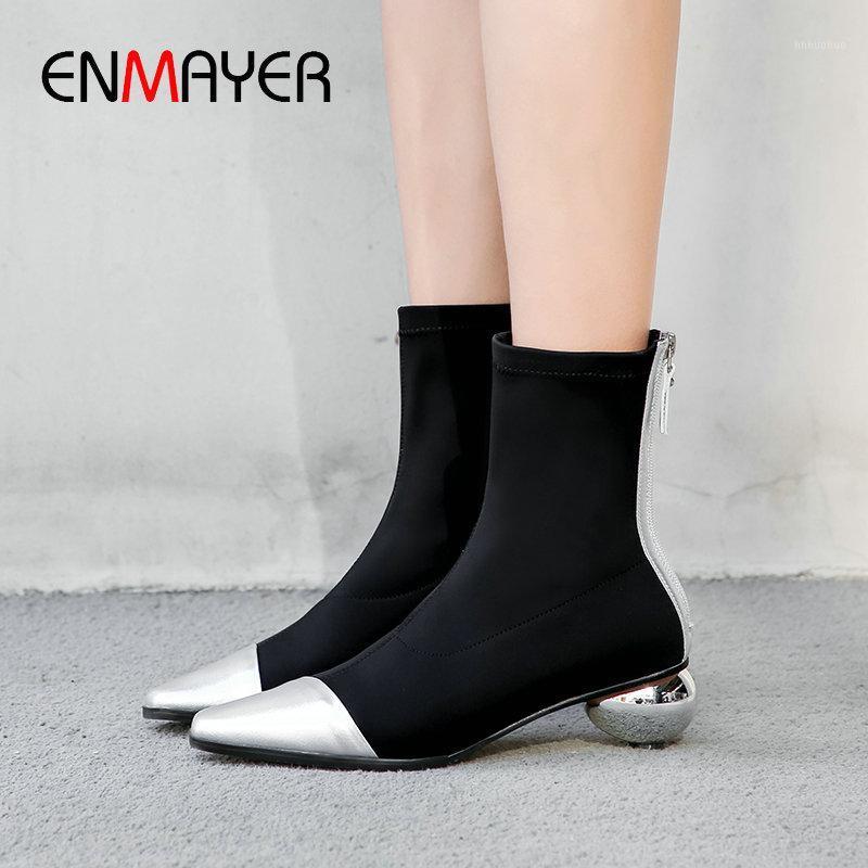 

ENMAYER 2020 Winter Boots Women Basic Pointed Toe Round Heels Stretch Fabric Luxury Shoes Women Designers Ankle Boots Size 34-391, Beige