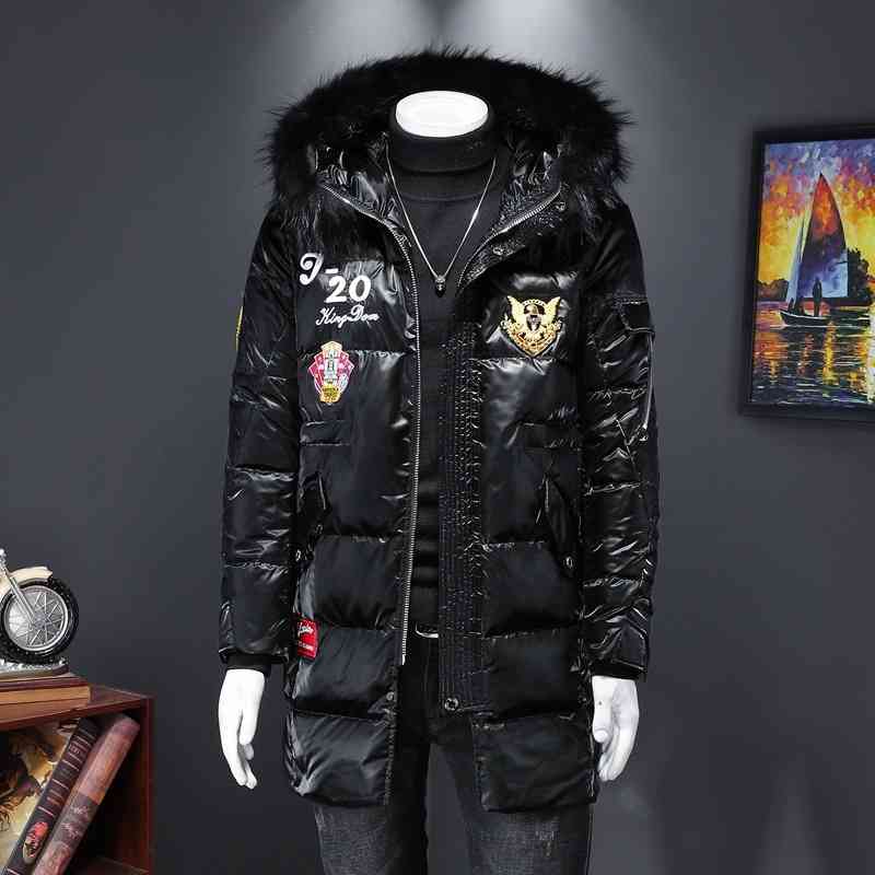 

Men's Down & Parkas Winter hooded real wool collar embroidery fashion 90% white duck down men's medium and long jacket 5XS0, Black
