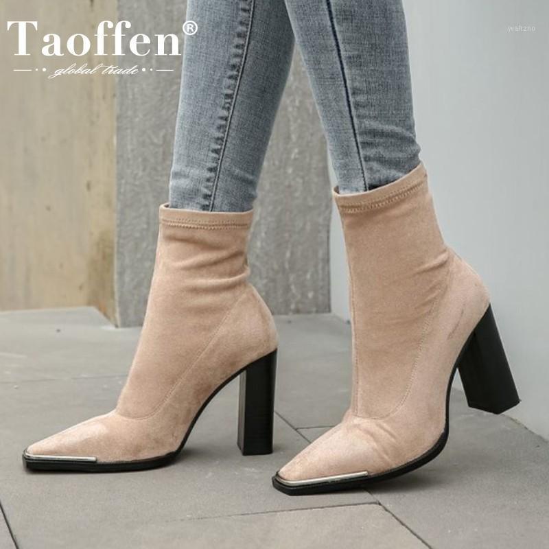 

Taoffen Women Ankle Boots Leather Shoes Square Toe Thick High Heels Slip On Sock Boots Stretch Female Size 34-431, Black