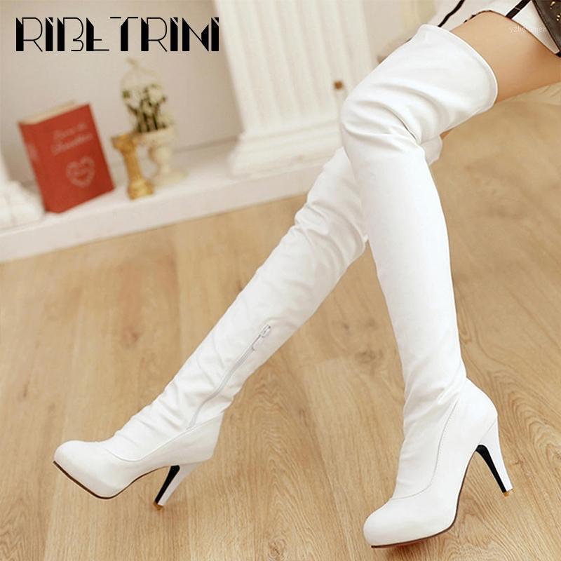 

Boots RIBETRINI Sexy Girl High Heels Round Toe Knee Shoes Over The Women Design Solid Party Dress Date Boots1, White