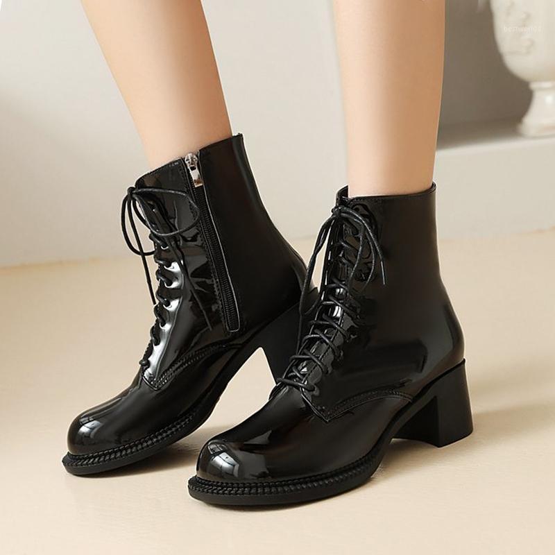 

Lace Up Short Botas Mujer Nice Fashion Women High Heels Ankle Boots Black Petent Leather Boots Woman Autumn Zipper1