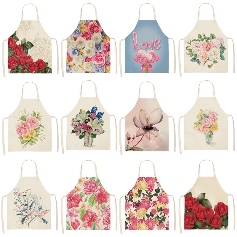 

1Pcs Rose Flower Pattern Cleaning Colorful Aprons Home Cooking Kitchen Apron Cook Wear Cotton Linen Adult Bibs 53*65cm WQL0203