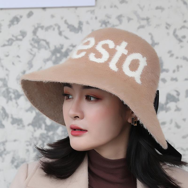 

Wool Hat Women Autumn Winter Ladies' Lettered Fisherman Bucket Hat Mink Velvet Large Brim Bow Hats Women Elegant, Orange